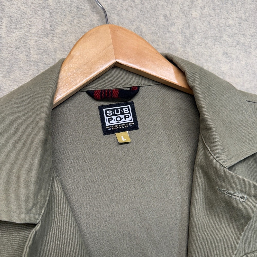 Vintage Sub Pop Records Mens Chore Jacket Olive Green Utility Workwear Size L - Picture 12 of 16